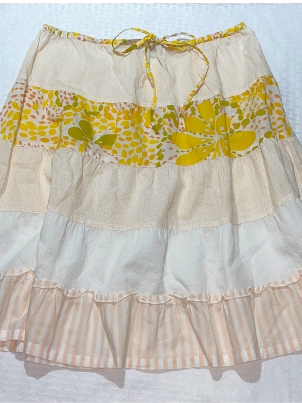 J. Crew Cream and Yellow Floral and Striped Tiered Mini Skirt